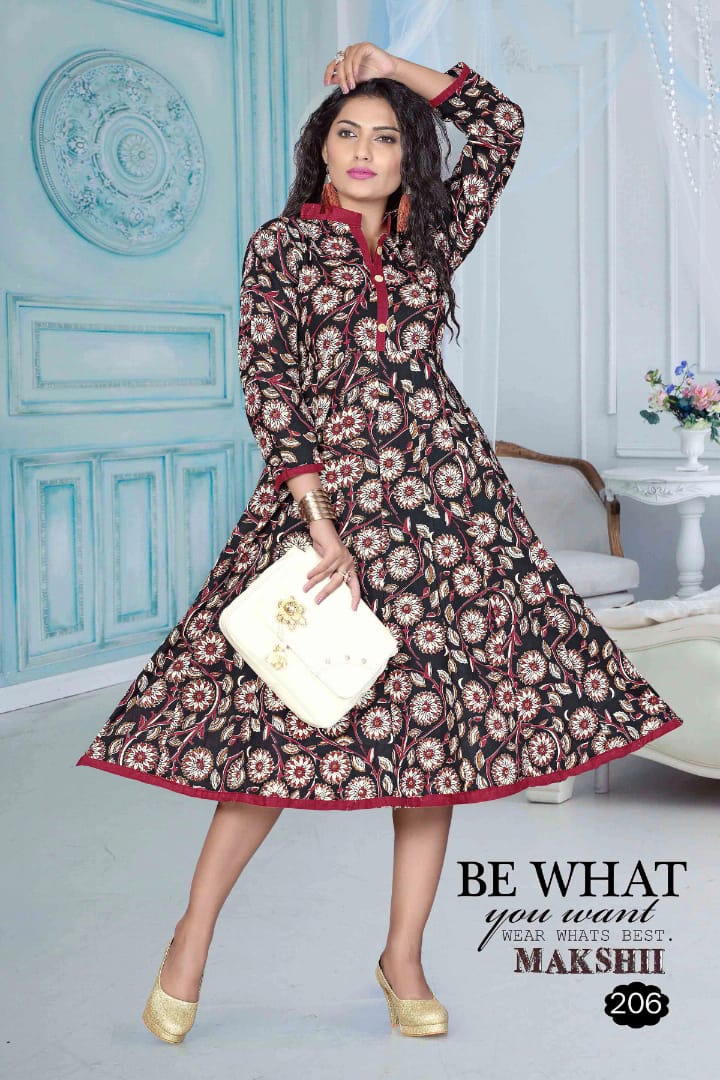 Makshii Nri Anarkali Pattern Cotton Kurtis Wholesale Supplier And Dealer Surat