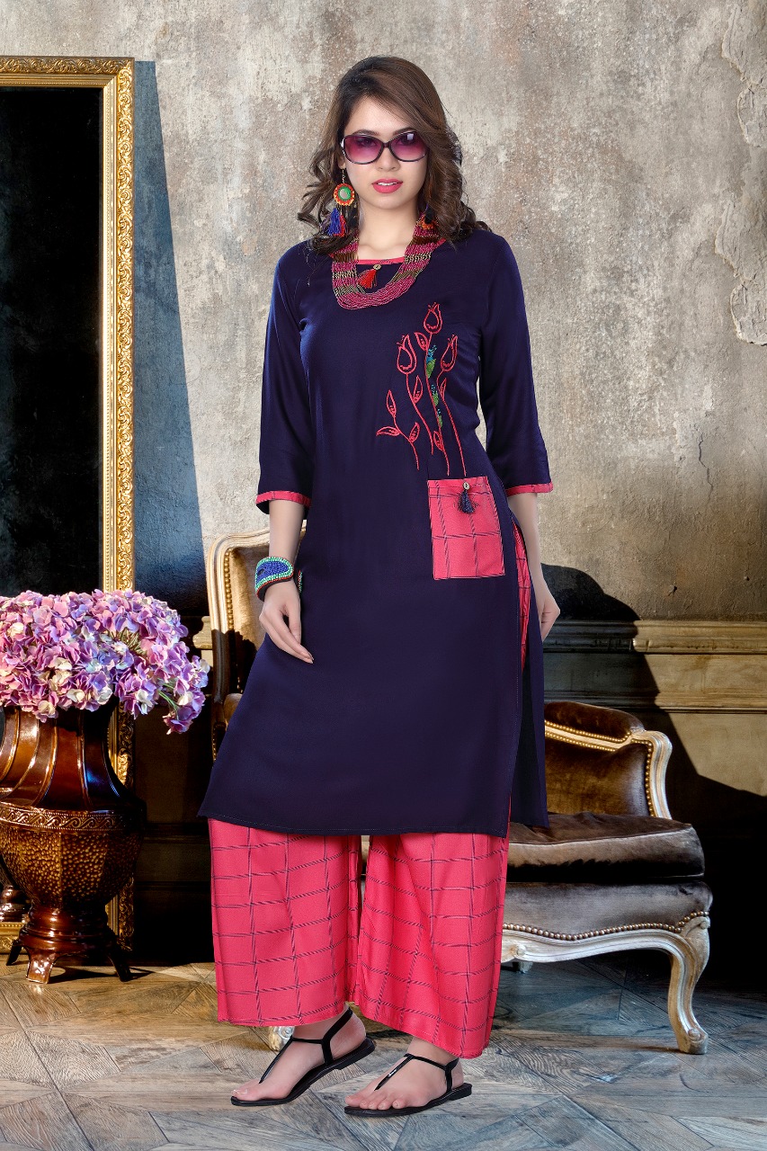 Nayra By Kenzer Creation Reyon Embroidered Top With Plazzo Suits Wholesale Supplier And Dealer Nitya...