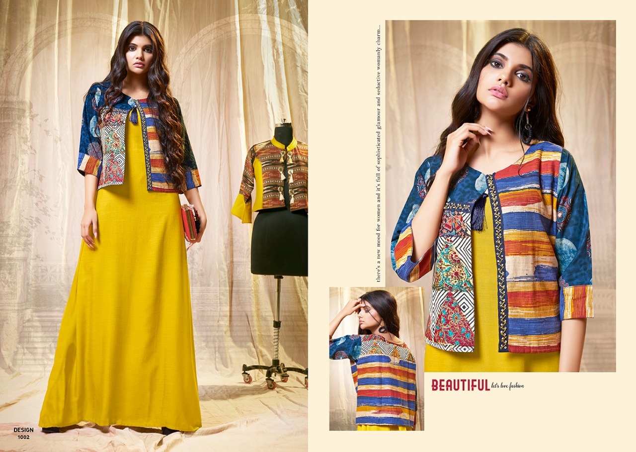 Amaze By S More Fashion  Reyon Slub Gown Style Kurtis With Printed Designer Jacket Wholesale Supplie...