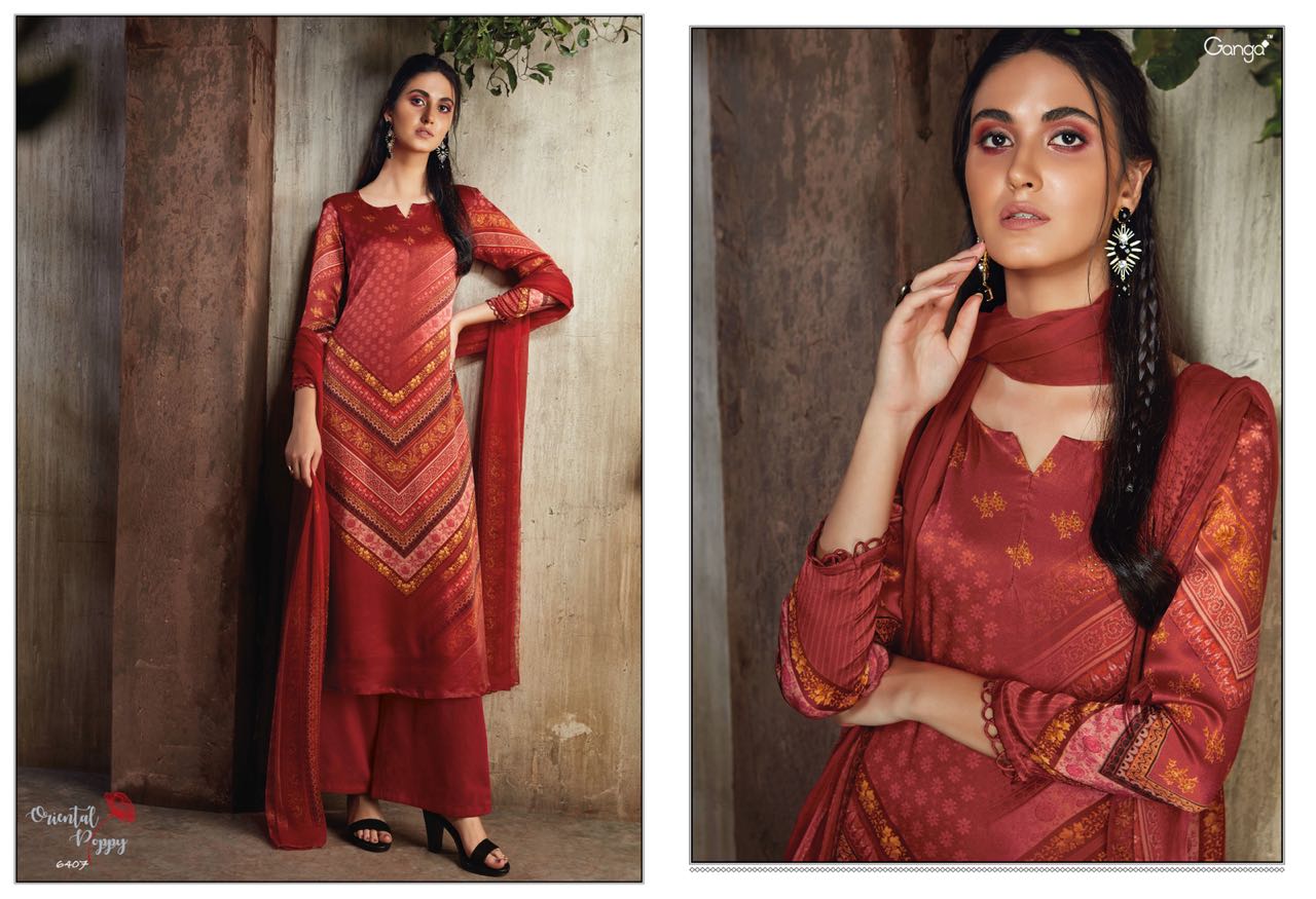 Oriental Poppy By Ganga Silk Satin Printed Work Designer Suits Wholesale Supplier Nd Dealer Gujarat