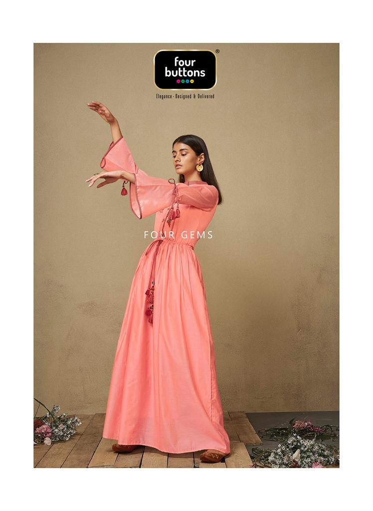 Four Buttons By Four Gems Exclusive Fancy Gown Pure Viscose Chanderi With Lot Of Value Addition