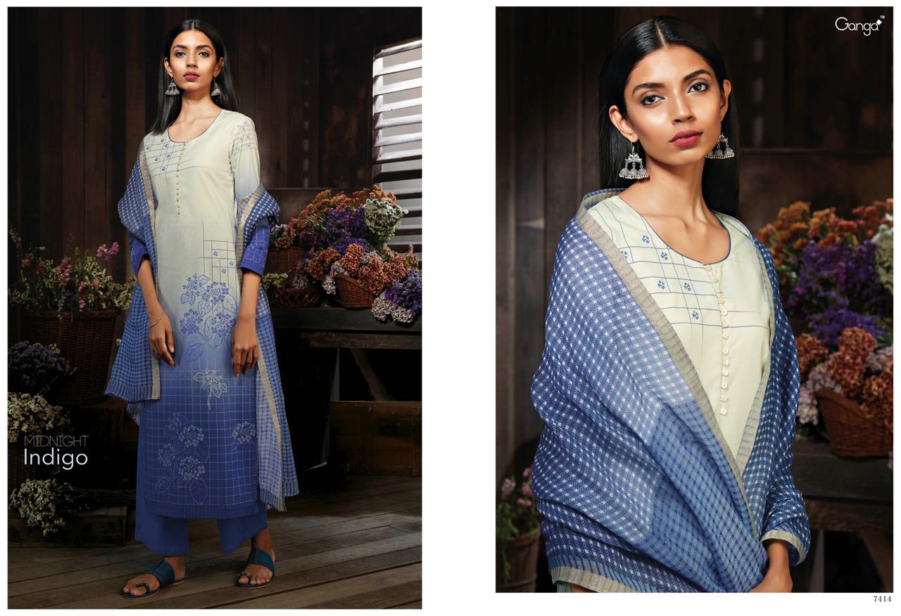 Midnight Indigo By Ganga 7410 To 7418 Cotton Printed With Work Suits Collection Wholesale Supplier S...
