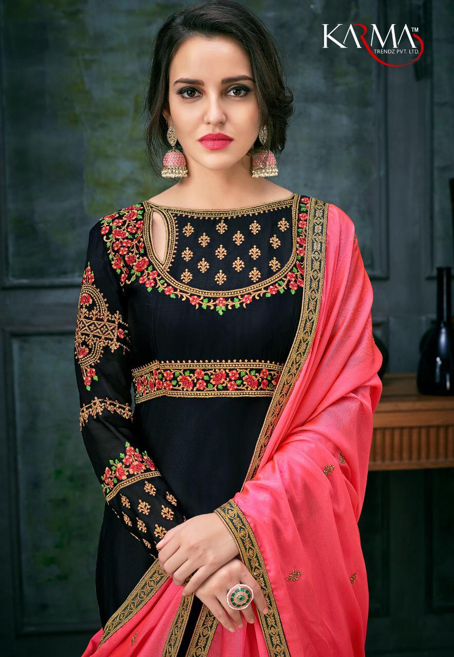 Karma  18027 Series Satin Georgette Embroidered Designer Party Wear Gowns Wholesale Supplier India