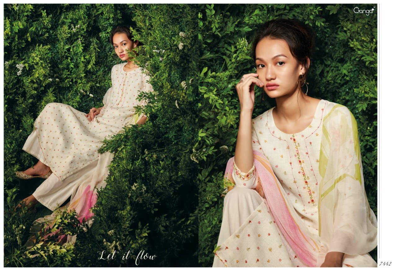 Let It Flow By Ganga Linen Printed Embroidered Designer Party Wear Suits Wholesale Supplier Gujarat