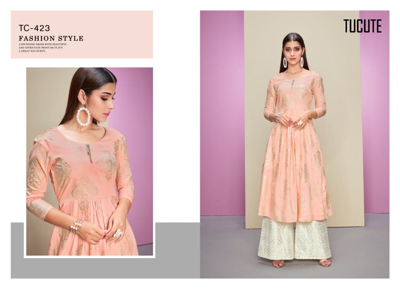 Tucute 423 Series  By Karma Cotton  Foil Printed Kurtis With Plazzo Bottom Wholesale Supplier And De...