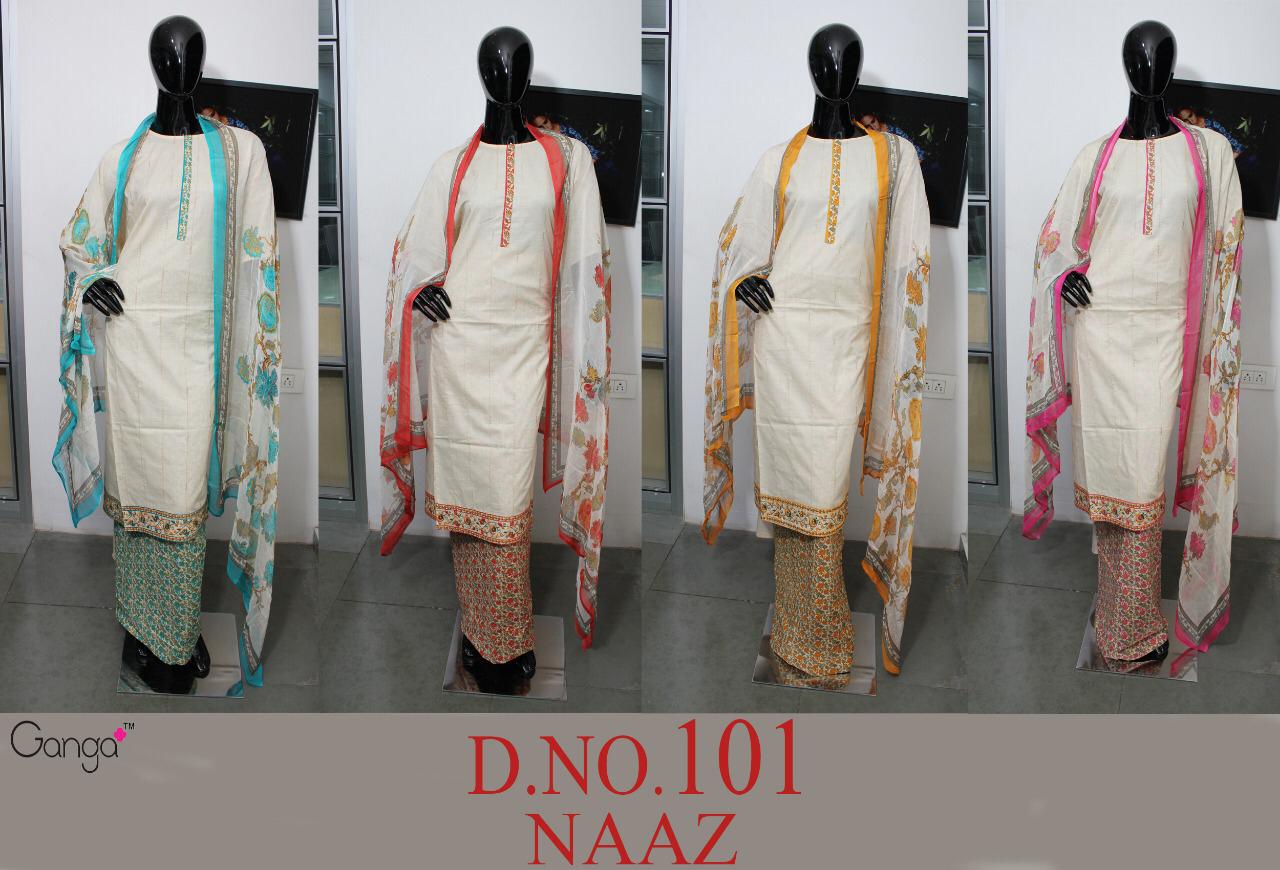 Naaz 101 By Ganga Cotton Embroidered Suits Wholesale Supplier Surat