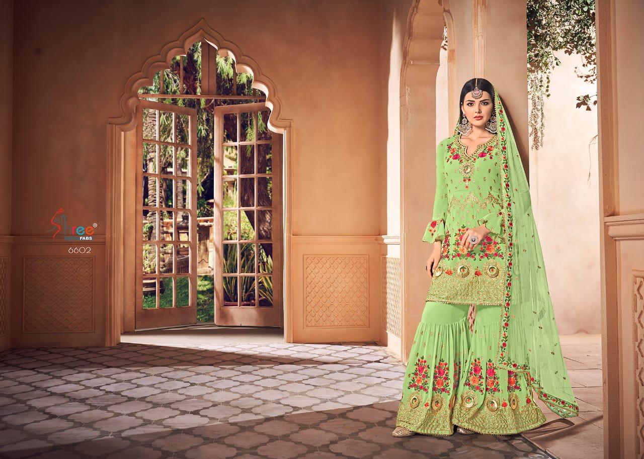 Shehnai Exclusive By Shree Fab Series 6601 To 6605 Georgette Embroidered Designer Party Wear Suits W...