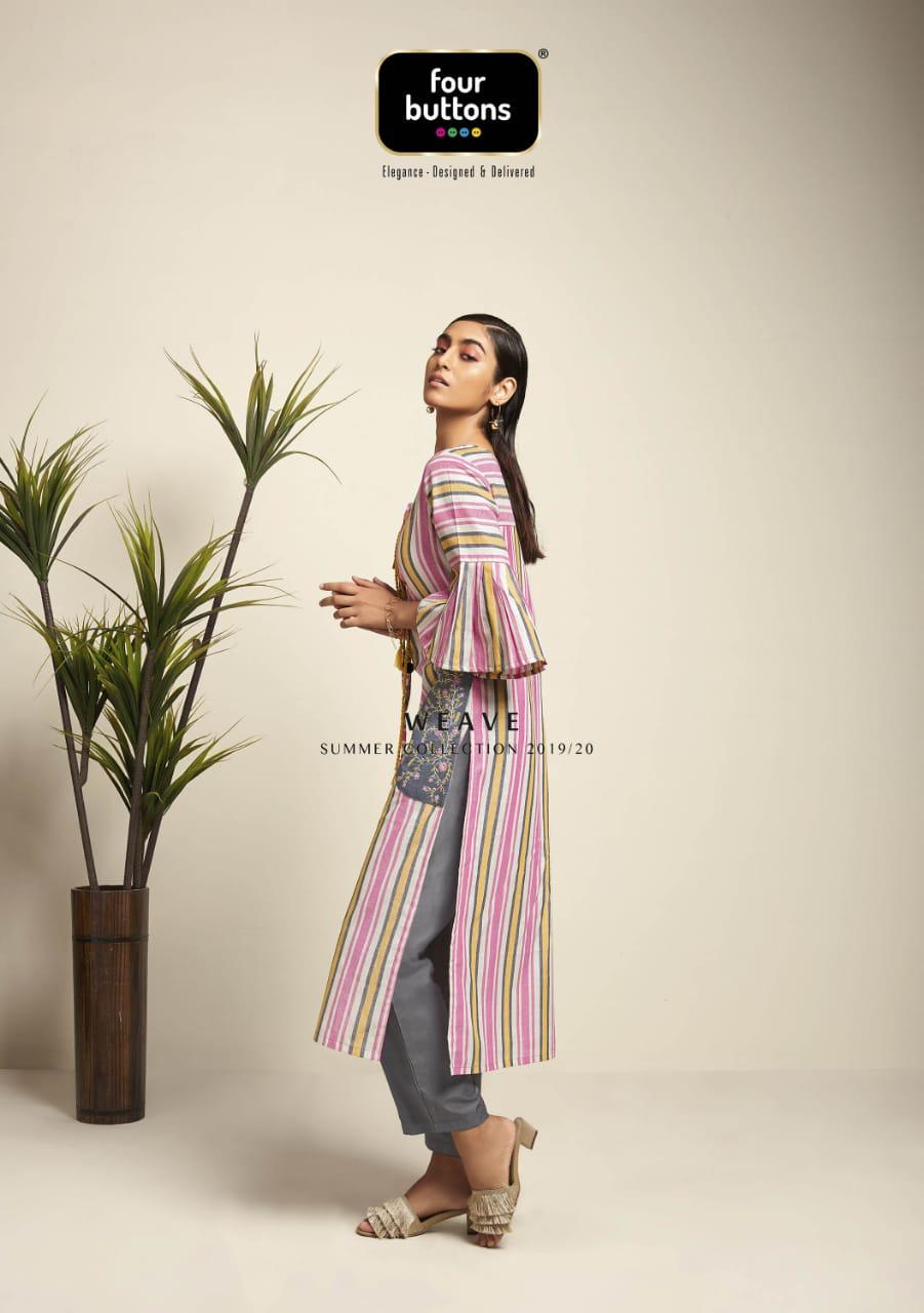 Weaves By Four Buttons Cotton Designer Kurtis Wholesale Supplier Surat