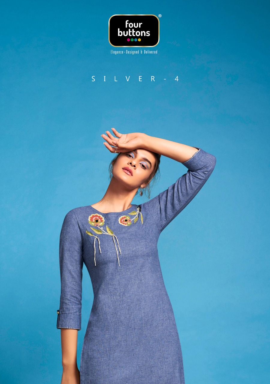 Silver 4 By Four Buttons Designer Kurtis With Pant Wholesale Supplier Nd Dealer Gujarat