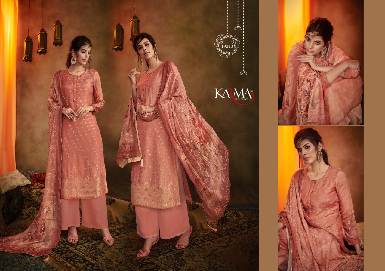 Karma Series 19008 To 19014 Masline Jaquard Designer Party Wear Suits Wholesale Supplier Gujarat