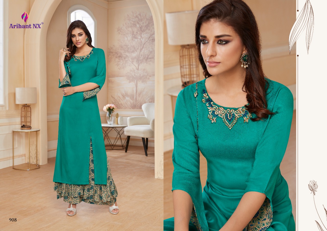 Plazo Vol 2 By Arihant Nx Series 901 To 908 Reyon Kurtis With Plazzo Wholesale Supplier India