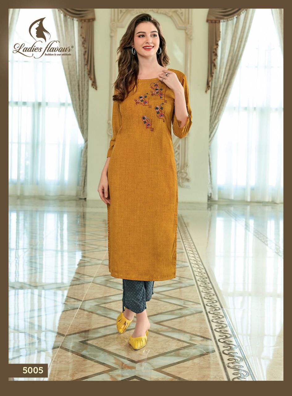 Dzire Vol 2 By Ladies Flavour Reyon Kurtis With Pant Set And Single Wholesale Supplier Surat