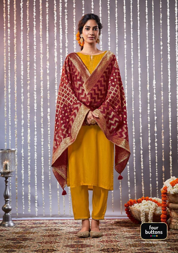 Bandhani By Four Buttons Kurtis With Bottom And Duppta Wholesale Supplier Gujarat