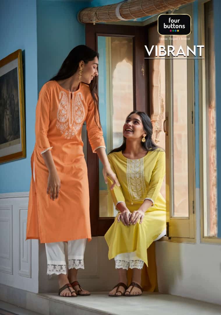 Four Buttons Vibrant Lukhnavi Embroidry Kurties With Bottom