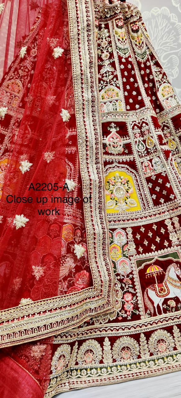 Magnificent Art Of Work On Velvet Designer Bridal Lehengacholi D No 2205 Single And Set Stockiest An...