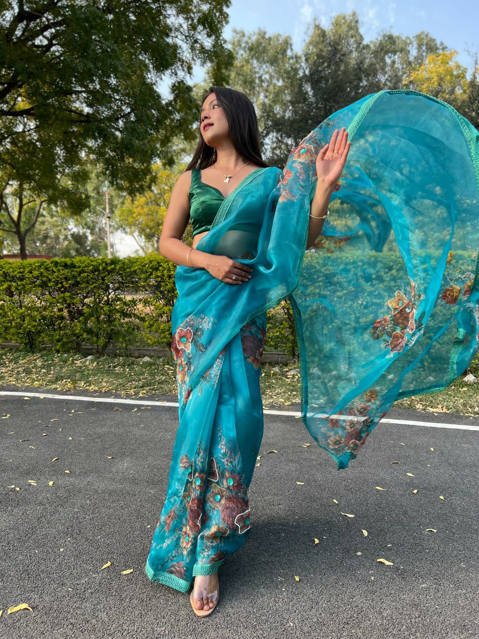 Firozi Designer Organza Saree Single Avilable Wholesaler Surat Gujarat