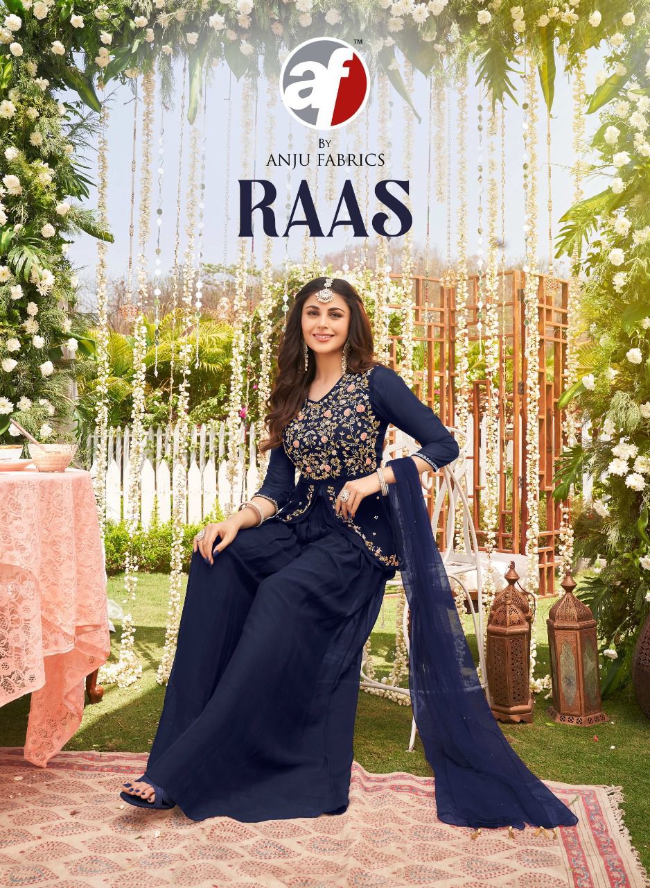 Anju Fabrics New Catalog Raas Heavy Party Wear Draping Style Dresses Dealer From Surat
