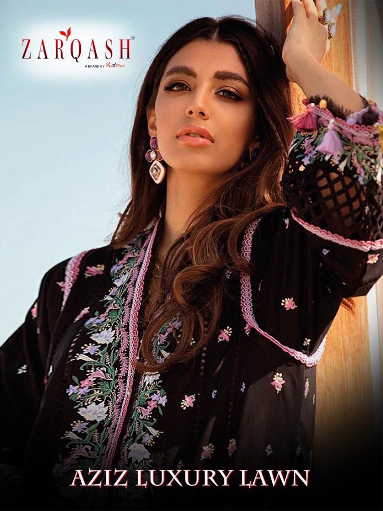 Aziz Luxury Lawn By Zarqash Cotton Embroidered Pakistani Suits