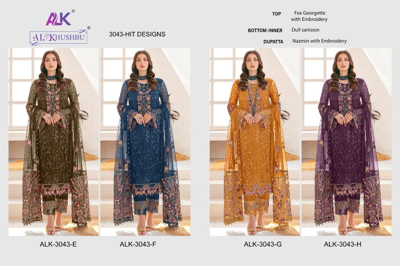 Alk D No 3034 F F G H Hit Colours By Al Khushbu Georgette Pakistani Suits