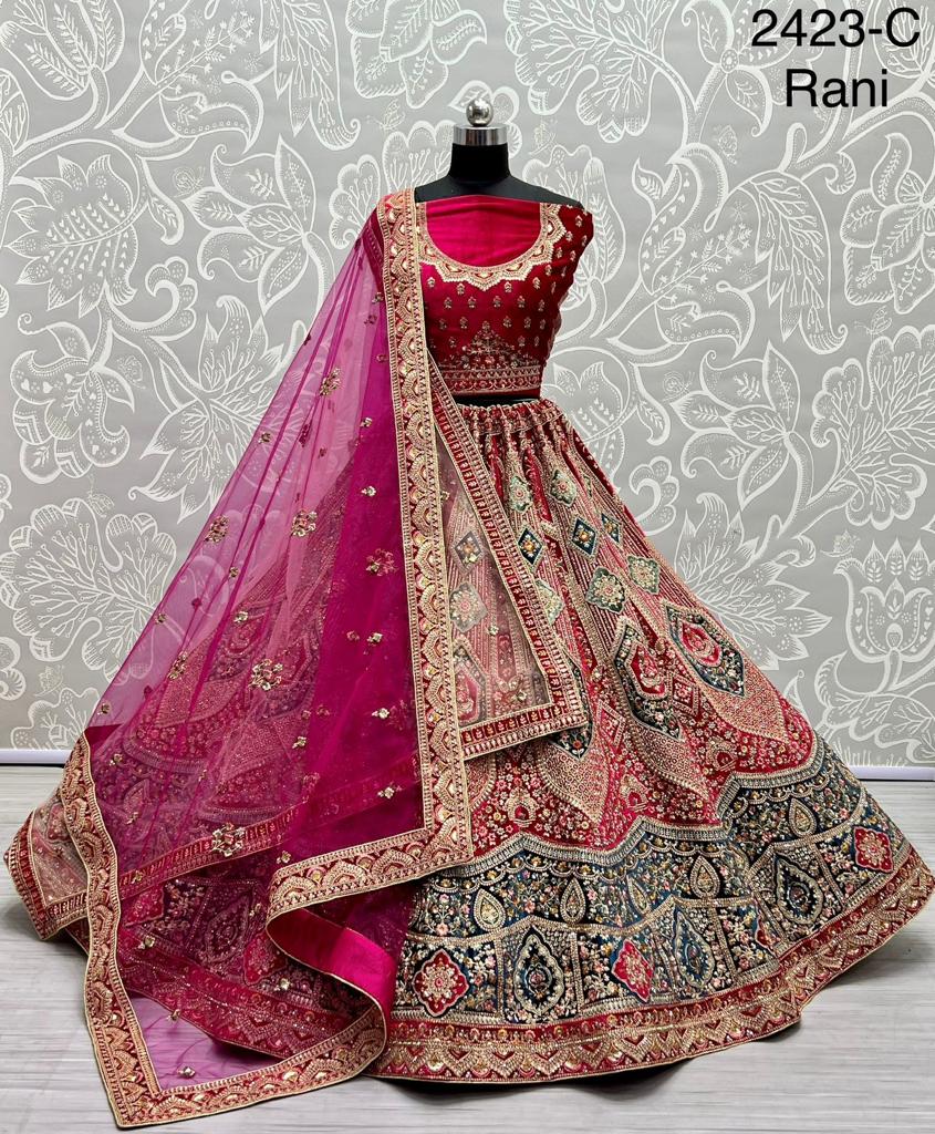 Velvet 2423 Patch And Multi Color Combine Designer Bridal Lehengacholi With Double Dupatta