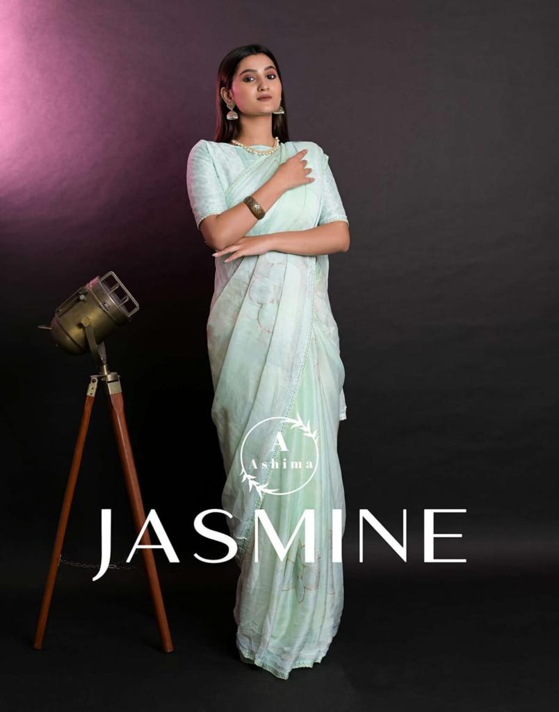 Jasmine By Ashima Moss Chiffon Jari Print With Crosio Stone Border Sarees