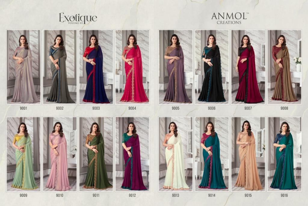 Exotique Vol 3 Series 9001 To 9016 By Anmol Creation Fancy Saree Collection Manufacturer Surat