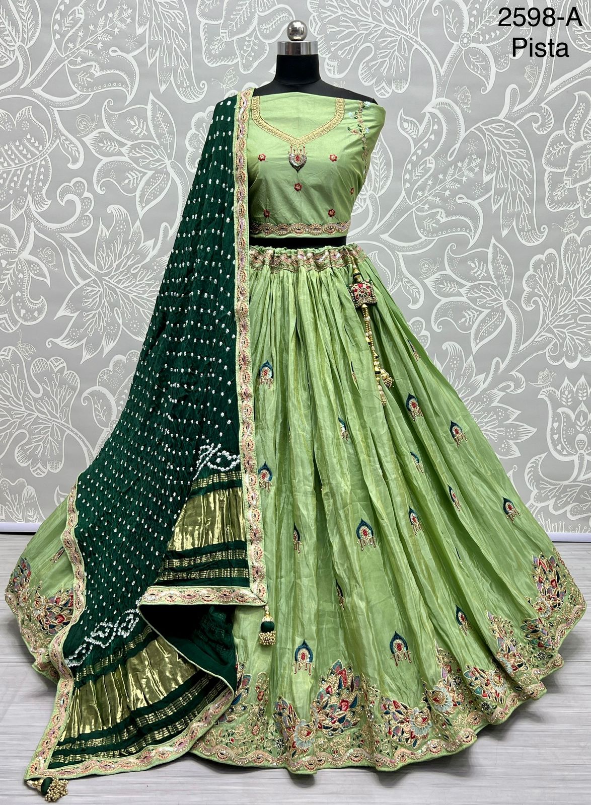 Design 2598 Pure Bandhani Dupatta And Dolla Silk Crafted Traditional Wedding Wear Lehengacholi
