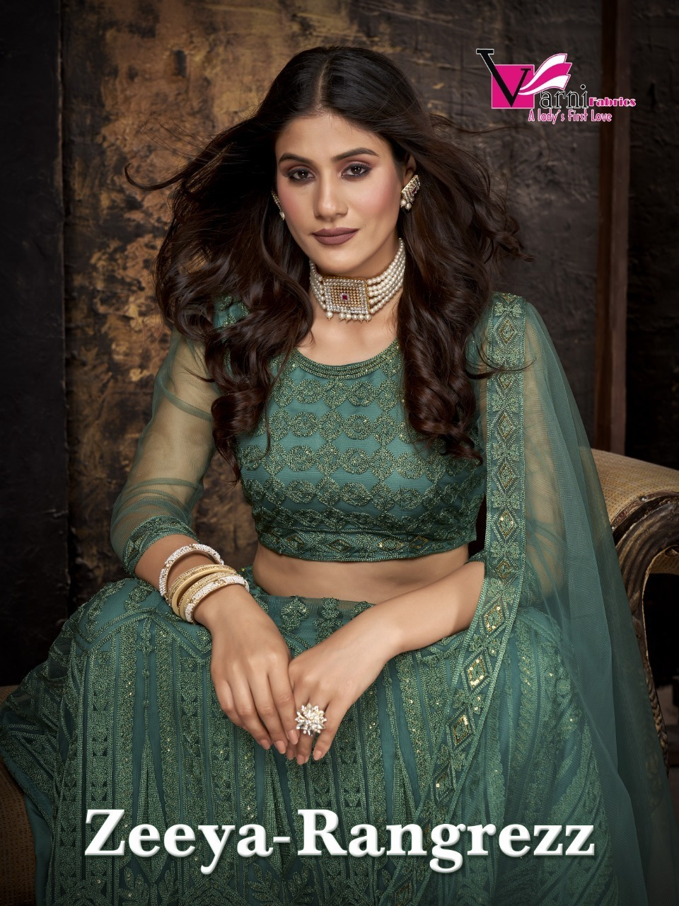 Varni Fabrics New Launching Zeeya Rangrezz Series 11001 To 11004 Heavy Net Designer Lehengas