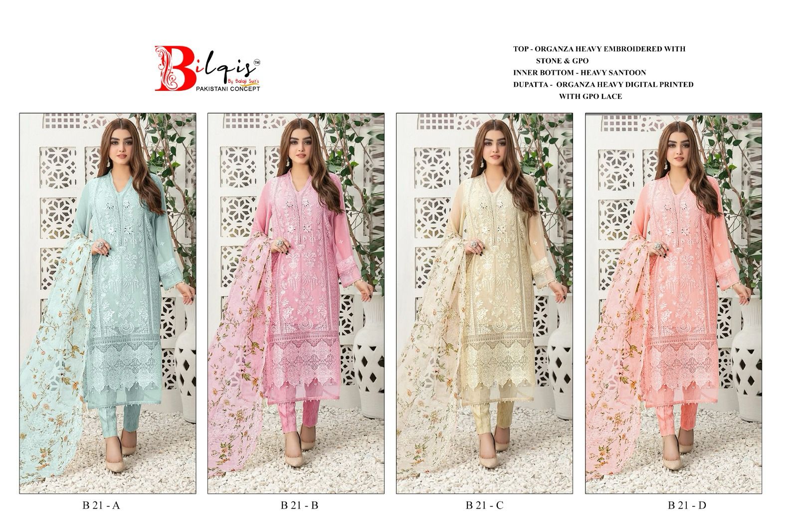 B 21 A To D By Bilqis Organza Embroidery Pakistani Suits