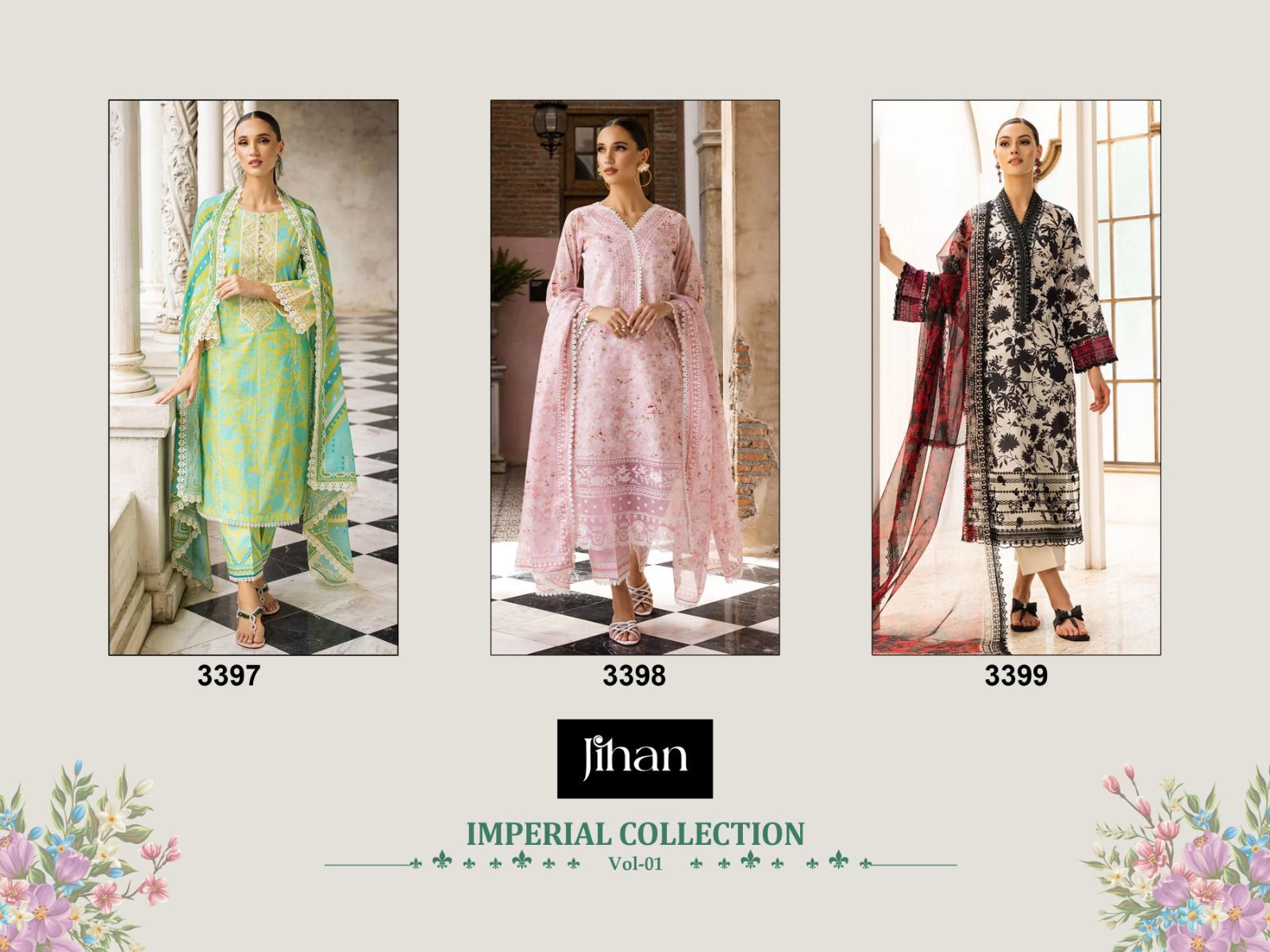 Jihan Imperial Lawn Collection Vol 1 3397 3398  3399 Cotton Suit