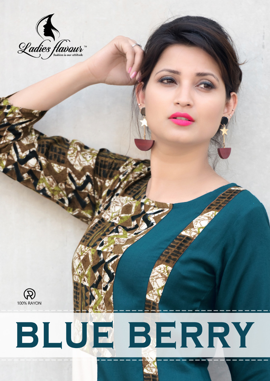 Ladies Flavour Blue  Berry 8001 Series Reyon Print Kurties