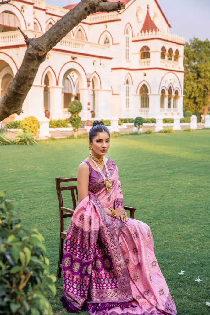 Banarasi Soft Silk Patola Saree With All Over Meena And Zari Weaving Pattern